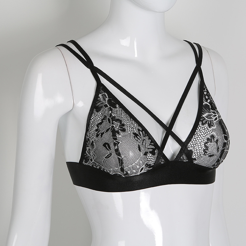 F5370 Black Crochet Lace Embellished Crossed Collar Bra